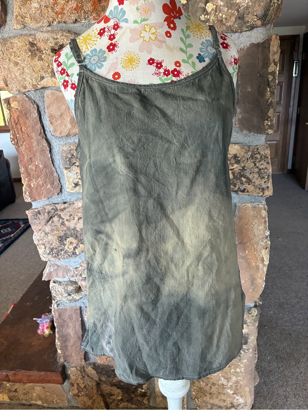 Hand Sewn, Plant dyed, Olive Green and grey 100% linen Slip Tank Top